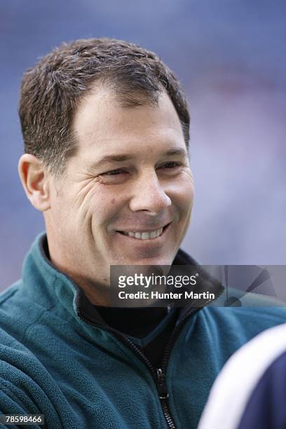 Quarterbacks coach Pat Shurmur of the Philadelphia Eagles stands on the field during warm-ups before a game against the Dallas Cowboys on December...