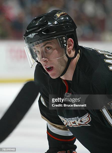 Andy McDonald of the Anaheim Ducks prepares for a face-off against the Vancouver Canucks on December 12, 2007 at the Honda Center in Anaheim,...