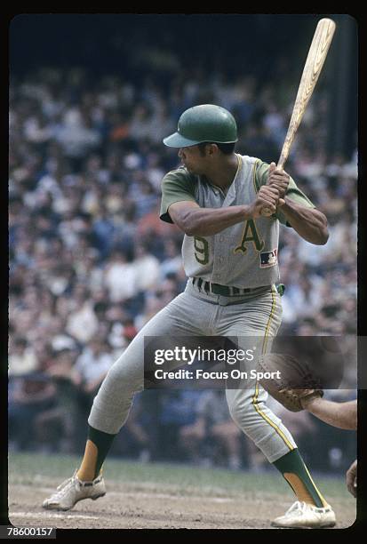 Outfielder Reggie Jackson of the Kansas City Athletics/Oakland Athletics stands at the plate ready to hit during a circa late 1960s Major League...