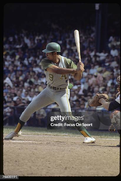 Outfielder Reggie Jackson of the Kansas City Athletics/ Oakland Athletics stands at the plate ready to hit during a circa late 1960s Major League...