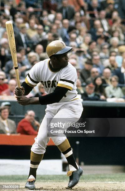 Outfielder Roberto Clemente of the Pittsburgh Pirates at the plate ready to hit against the Baltimore Orioles during the World Series October 1971 at...