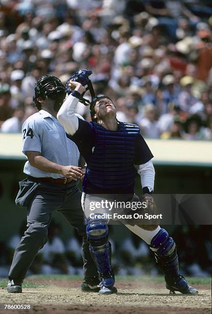 1980s: Catcher Carlton Fisk of the Chicago White Sox rips his mask off to chase down a foul ball against the Oakland Athletics during a MLB baseball...