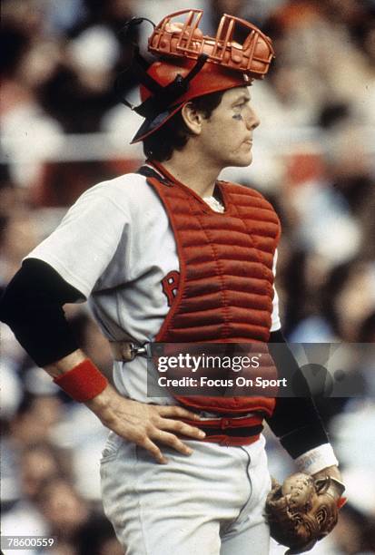 Catcher Carlton Fisk of the Boston Red Sox stands at homeplate during a MLB baseball game circa mid 1970s. Fisk played for the Red Sox from 1969,...