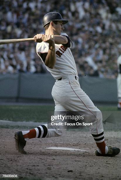 Outfielder Carl Yastrzemski of the Boston Red Sox swings and watches the flight of his ball during a MLB baseball game circa mid 1960s at Fenway Park...