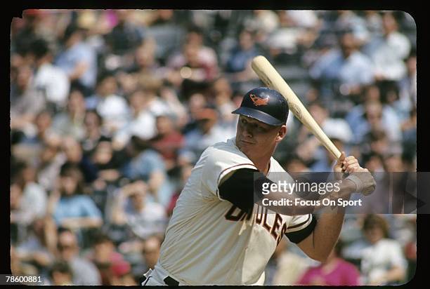 1960s: First baseman Boog Powell of the Baltimore Orioles at the plate ready to hit during a circa mid 1960s Major League Baseball game at Memorial...