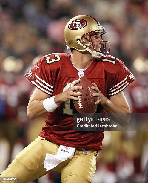 Shaun Hill of the San Francisco 49ers looks to pass the ball during the game against the Cincinnati Bengals on December 15, 2007 at Monster Park in...
