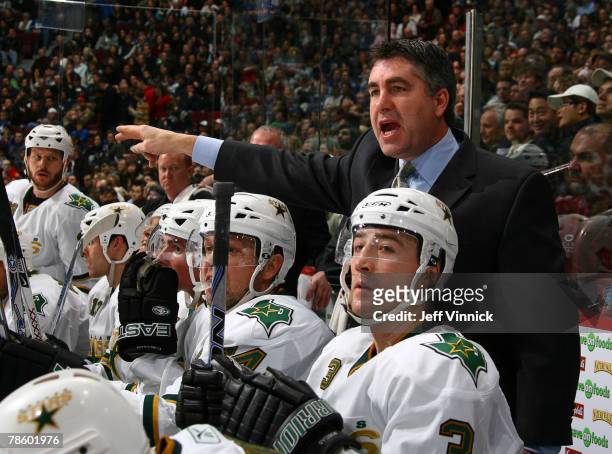 Head coach Dave Tippett of the Dallas Stars argues a call during their game against the Vancouver Canucks at General Motors Place December 20, 2007...