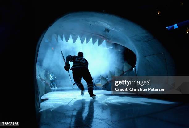 Craig Rivet of the San Jose Sharks skates out onto the ice before the NHL game against the Phoenix Coyotes at HP Pavilion on December 20, 2007 in San...