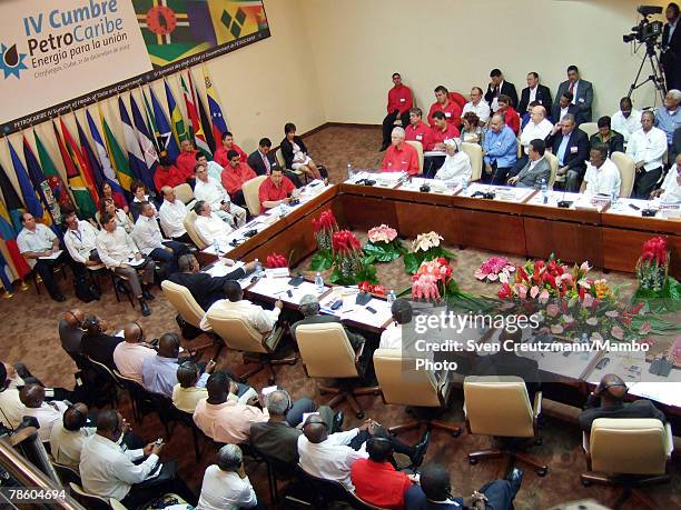 President of Venezuela Hugo Chavez gives the opening speech of the 4th PetroCaribe Summit at the Jagua Hotel December 21, 2007 in Cienfuegos, Cuba....