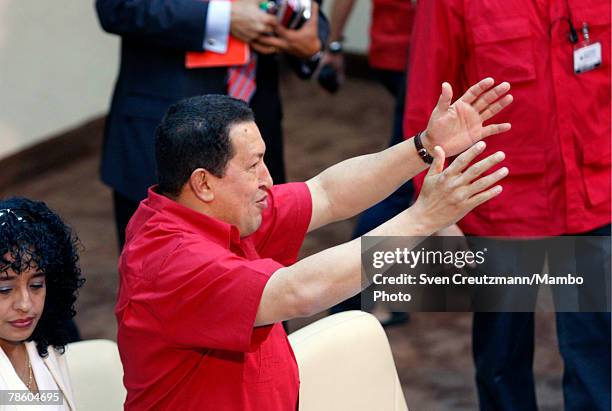 President of Venezuela Hugo Chavez gives the opening speech of the 4th PetroCaribe Summit at the Jagua Hotel December 21, 2007 in Cienfuegos, Cuba....