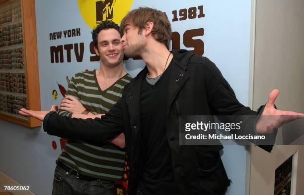 Actors Penn Badgley and Chace Crawford appear on MTV's "TRL"at MTV Studios in New York City's Times Square on December 17, 2007. The air date for...