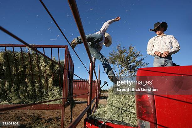 Guthrie Jaguar six man football players Ty Fox and Cole Hatfield carry out one of their daily chores of feeding the horses on the 6666 Ranch October...