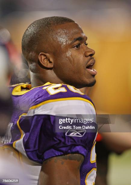 Adrian Peterson of the Minnesota Vikings warms up prior to an NFL game against the Chicago Bears at the Hubert H. Humphrey Metrodome, December 17,...