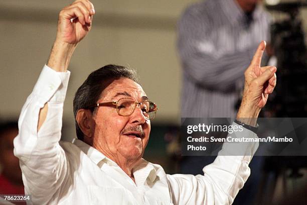 Acting President of Cuba Raul Castro speaks to the audience during the closing session of the 4th PetroCaribe Summit in the Camilo Cienfuegos...