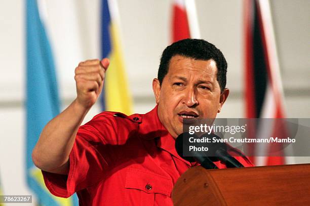 President of Venezuela Hugo Chavez gives a speech during the closing session of the 4th PetroCaribe Summit in the Camilo Cienfuegos refinery December...