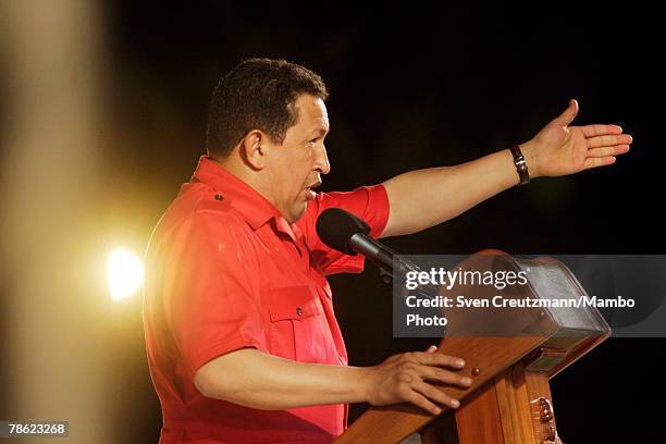 President of Venezuela Hugo Chavez gives a speech during the closing session of the 4th PetroCaribe Summit in the Camilo Cienfuegos refinery December...