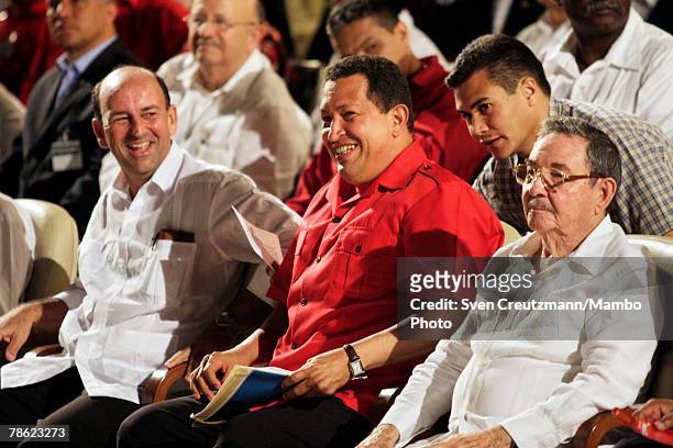 Cuban vice-president Carlos Lage, President of Venezuela Hugo Chavez, and acting President of Cuba Raul Castro attend the closing session of the 4th...