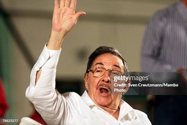 Acting President of Cuba Raul Castro speaks to the audience during the closing session of the 4th PetroCaribe Summit in the Camilo Cienfuegos...