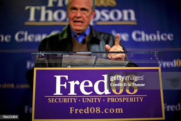 Republican presidential candidate Fred Thompson speaks at a campaign event at the Webster County Republican headquarters December 21, 2007 in Fort...