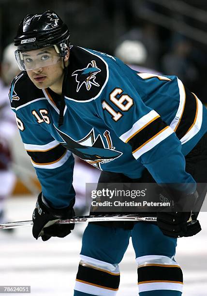 Devin Setoguchi of the San Jose Sharks warms up before the NHL game against the Phoenix Coyotes at HP Pavilion on December 20, 2007 in San Jose,...