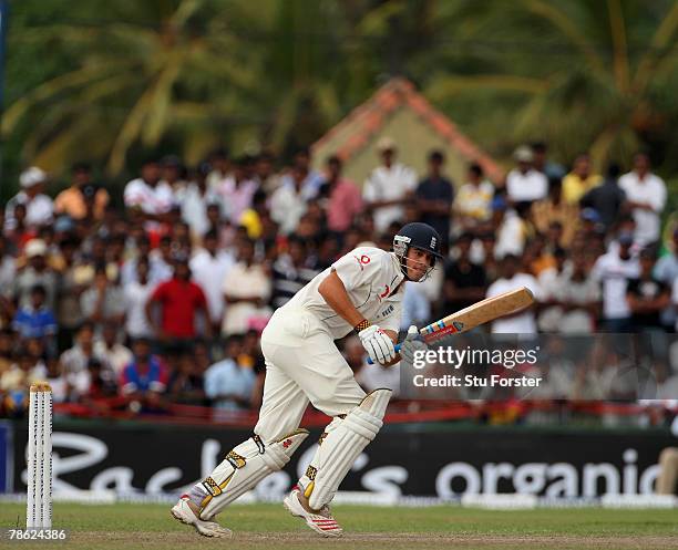 England batsman Alastair Cook picks up some runs during day 5 of the third test match between Sri Lanka and England at the Galle International...