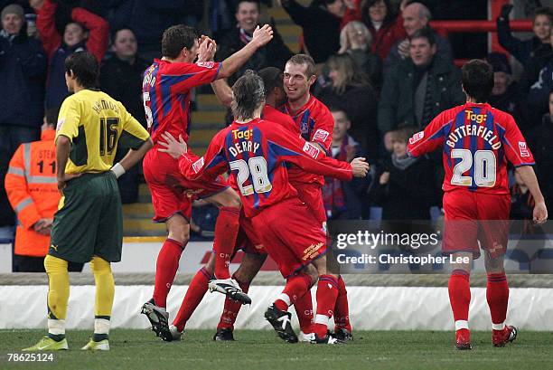 James Scowcroft of Palace celebrates scoring their second goal during the Coca-Cola Championship match between Crystal Palace and Plymouth Argyle at...