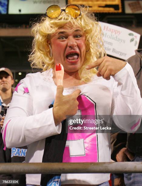 Fan Mark Middlesworth jokes about Tony Romo's girlfriend Jessica Simpson during the Dallas Cowboys versus Carolina Panthers game at Bank of America...