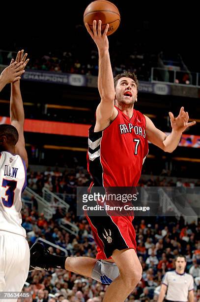 Andrea Bargnani of the Toronto Raptors drives for a shot against the Phoenix Suns in an NBA game played on December 22, 2007 at U.S. Airways Center...