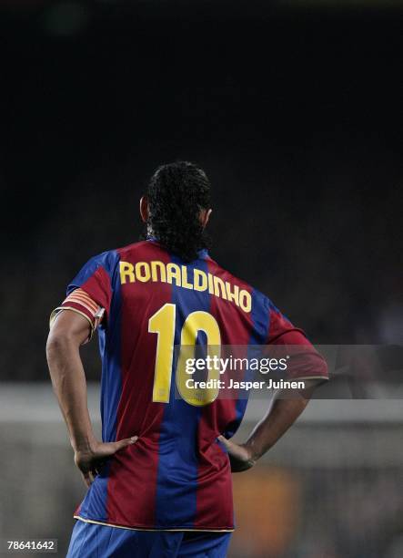 Ronaldinho of Barcelona reacts during the La Liga match between Barcelona and Real Madrid at the Camp Nou Stadium on December 23, 2007 in Barcelona,...