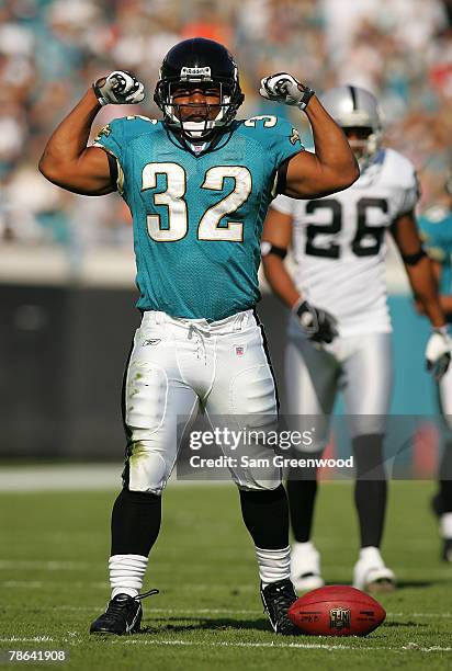 Maurice Jones-Drew of the Jacksonville Jaguars celebrates after making a first down in a game against the Oakland Raiders at Jacksonville Municipal...