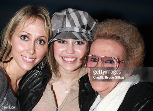 Singer/Actress Miley Cyrus , mother Leticia "Tish" Cyrus and grandmother Loretta Finley pose as they visit backstage at "Mamma Mia!" on Broadway at...