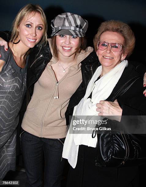 Singer/Actress Miley Cyrus , mother Leticia "Tish" Cyrus and grandmother Loretta Finley pose as they visit backstage at "Mamma Mia!" on Broadway at...