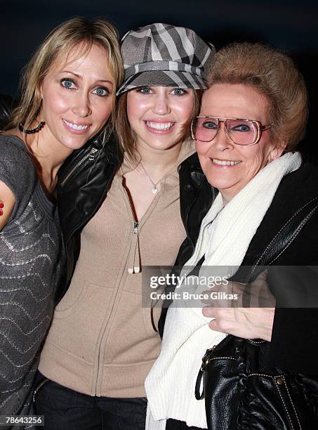 Singer/Actress Miley Cyrus , mother Leticia "Tish" Cyrus and grandmother Loretta Finley pose as they visit backstage at "Mamma Mia!" on Broadway at...