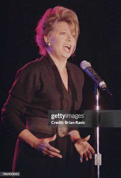 English singer Elaine Paige performs live on stage at The Savoy in London in November 1994.
