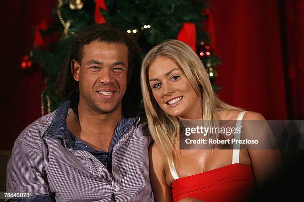 Andrew Symonds and partner Katie Johnson pose during the Australian cricket team Christmas lunch at Crown Casino on December 25, 2007 in Melbourne,...