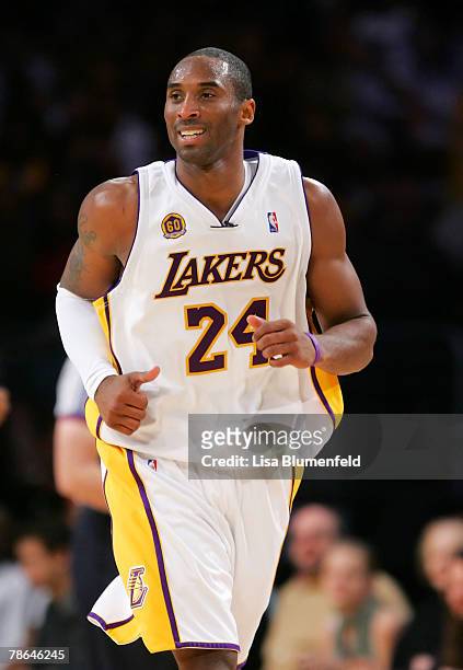 Kobe Bryant of the Los Angeles Lakers runs upcourt during the game against the Phoenix Suns at Staples Center on December 25, 2007 in Los Angeles,...