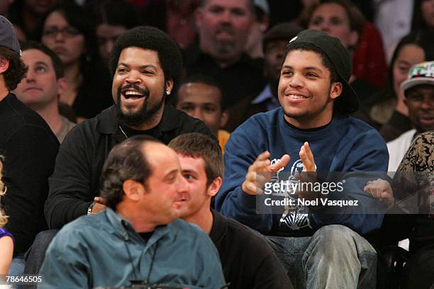 Ice Cube and his son Oshea Jackson Jr. Attend the Los Angeles Lakers against Phoenix Suns game at the Staples Center on December 25, 2007 in Los...