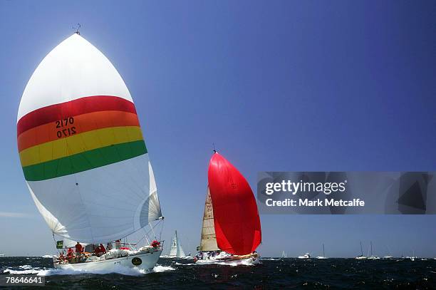 Spirit of Koomooloo heads out of Sydney Harbour during the start of the 63rd Sydney Hobart Yacht Race on December 26, 2007 in Sydney, Australia. The...