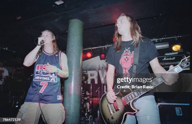 American singer Kevin Martin and guitarist Peter Klett perform together live on stage with rock group Candlebox at the Underworld in London in...