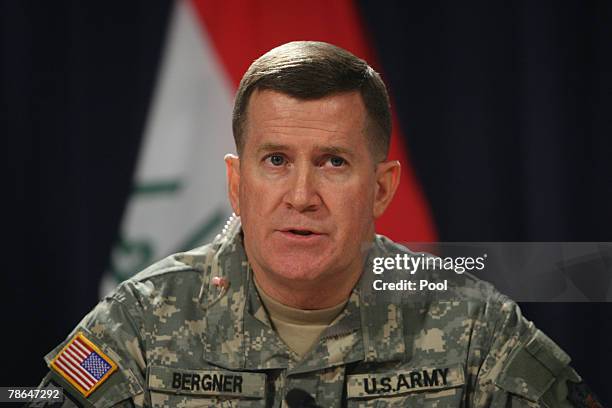 Army Maj. Gen. Kevin Bergner, spokesman for Multinational Force-Iraq, speaks to reporters in the heavily fortified Green Zone on December 26, 2007 in...