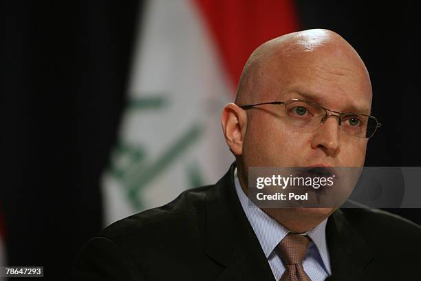 Embassy spokesman Phil Reeker speaks to reporters in the heavily fortified Green Zone on December 26, 2007 in Baghdad, Iraq. It was announced that...