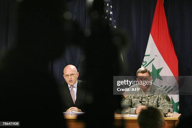 Phil Reeker , US Embassy in Iraq spokesman, speaks during a joint press conference with US Army Major General Kevin Bergner , spokesman for the...