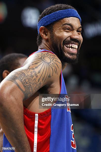 Rasheed Wallace of the Detroit Pistons looks on with a smile during the game against the New Orleans Hornets at the New Orleans Arena on December 5,...