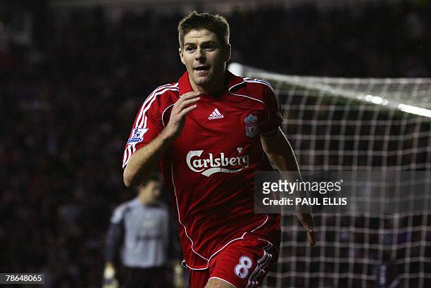 Liverpool's English midfielder Steven Gerrard celebrates scoring the winning goal against Derby Count during their English Premiership football match...