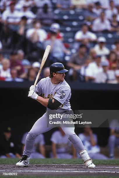 Mark McGwire of the Oakland Athletics bats during a baseball game against the Baltimore Orioles on August 15, 1996 at Camden Yards in Baltimore,...