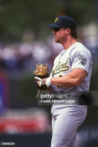Mark McGwire of the Oakland Athletics during a baseball game against the Baltimore Orioles on May 15, 1996 at Camden Yards in Baltimore, Maryland.