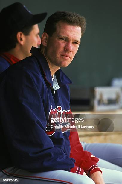 Jason Grimsley of the Cleveland Indians looks on during a baseball game against the Baltimore Orioles on June 1, 1995 at Camden Yards in Baltimore,...