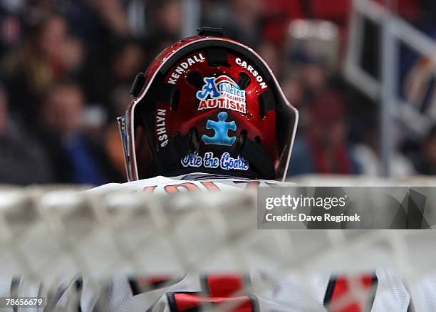 Detail view of the back the head plate of Olie Kolzig of the Washington Capitals during a NHL game against the Detroit Red Wings on December17, 2007...