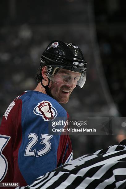 Milan Hejduk of the Colorado Avalanche looks on against the New York Rangers at the Pepsi Center on December 21, 2007 in Denver, Colorado. The...