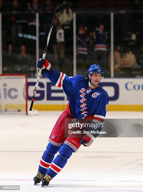 Jaromir Jagr of the New York Rangers is introduced as the star of the game against the Carolina Hurricanes after their game on December 26, 2007 at...